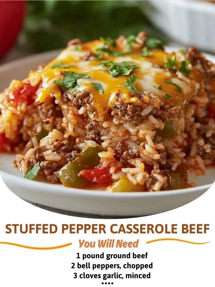 Delicious stuffed pepper casserole topped with cheese and herbs.