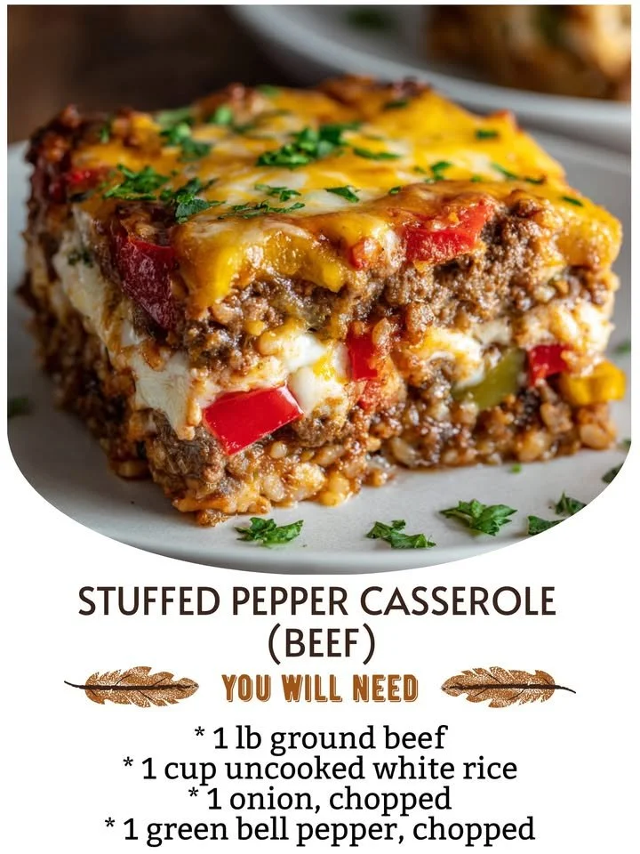 Delicious stuffed pepper casserole topped with melted cheese and fresh herbs.