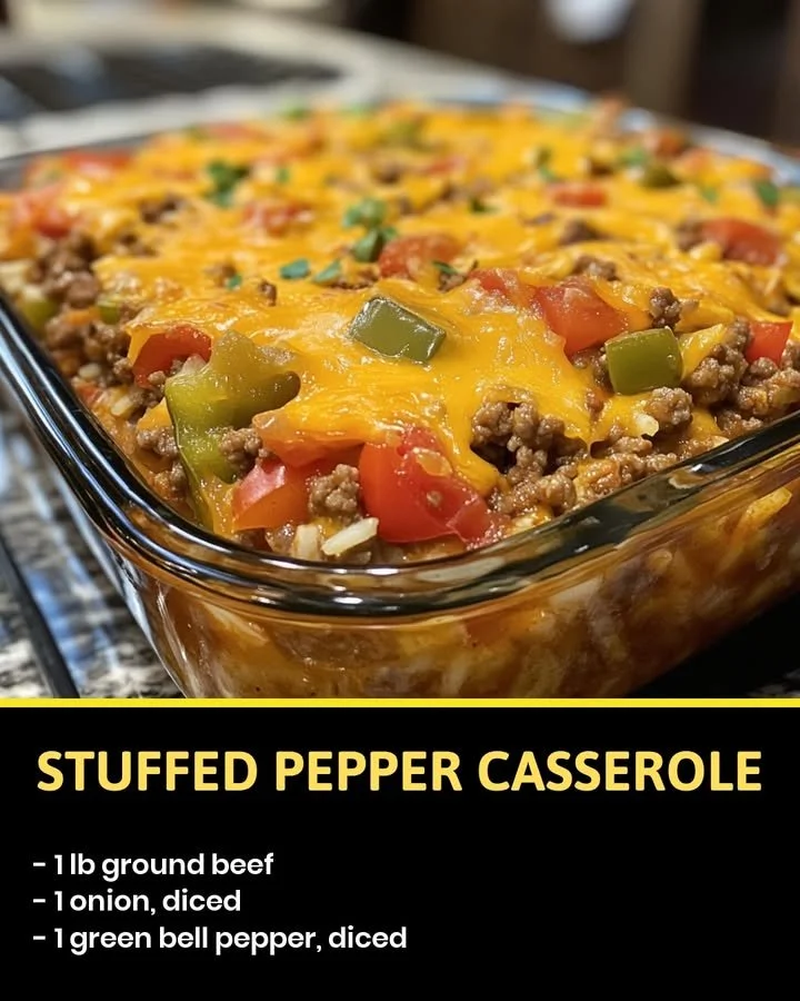 Hearty stuffed pepper casserole ready to serve in a baking dish.