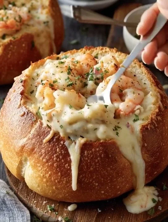 Stuffed seafood bread bowl filled with shrimp, crab, and creamy sauce