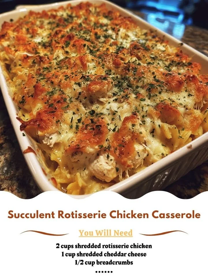 Delicious succulent rotisserie chicken casserole topped with cheese and herbs.