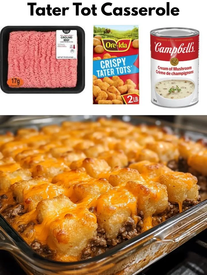 Delicious and hearty Tater Tot Casserole topped with golden crispy tots.