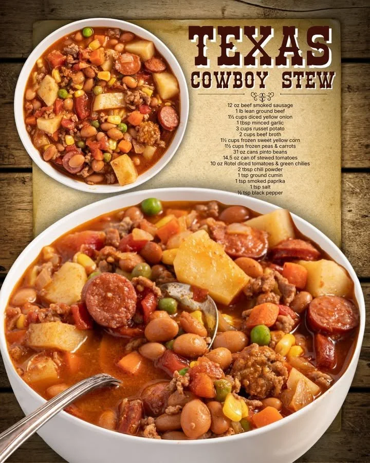 Bowl of Texas Cowboy Stew with beef, beans, and vegetables