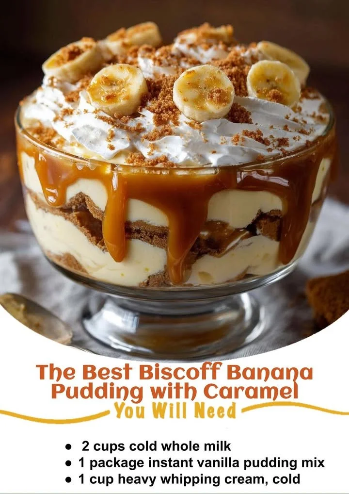 Delicious Biscoff banana pudding dessert layered with caramel sauce.