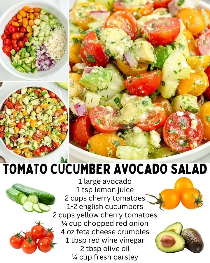 Fresh Tomato Cucumber Avocado Salad in a bowl with vibrant colors