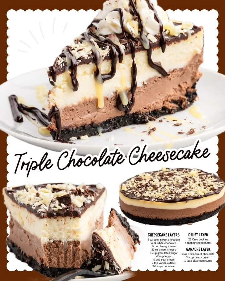 Decadent triple chocolate cheesecake slice topped with chocolate shavings