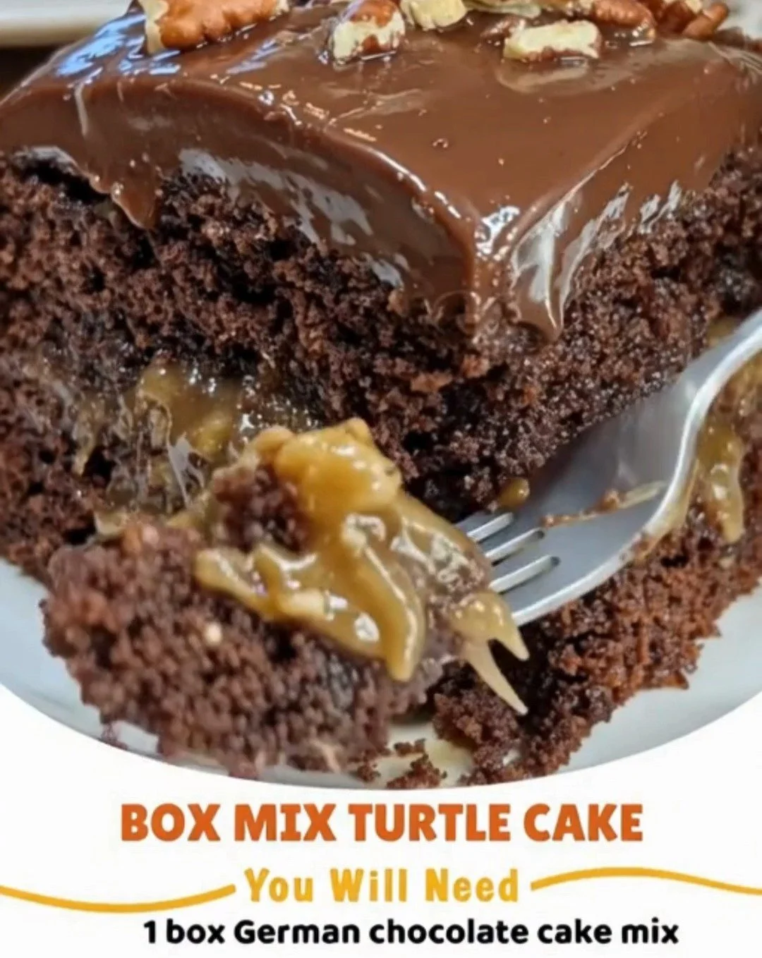 Delicious turtle cake topped with caramel and pecans.