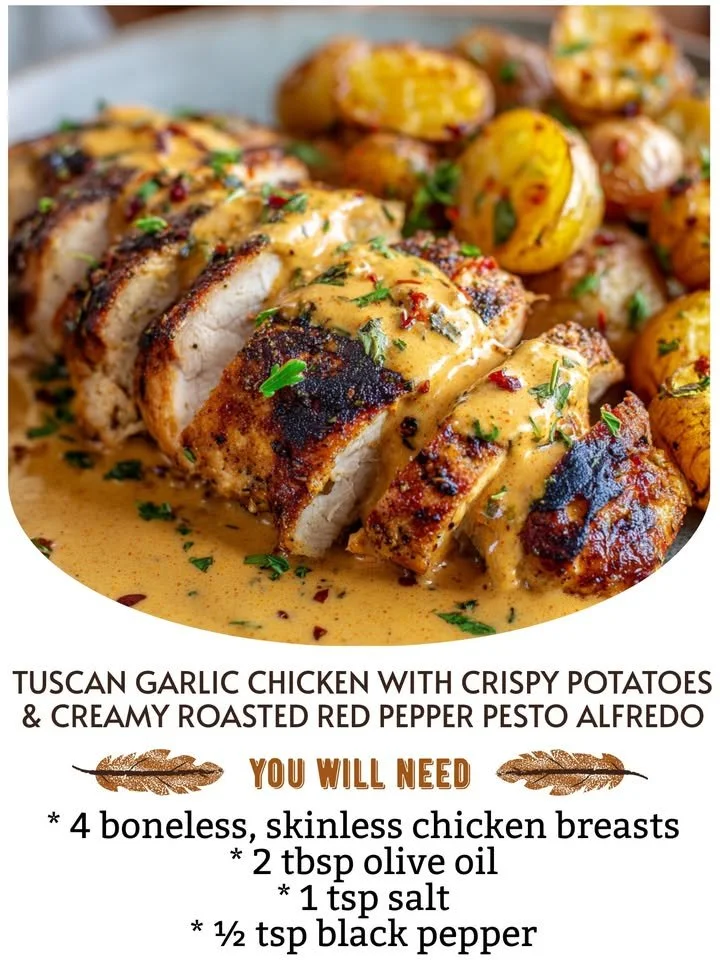 Plate of Tuscan Garlic Chicken served with crispy potatoes and roasted red pepper pesto Alfredo sauce.