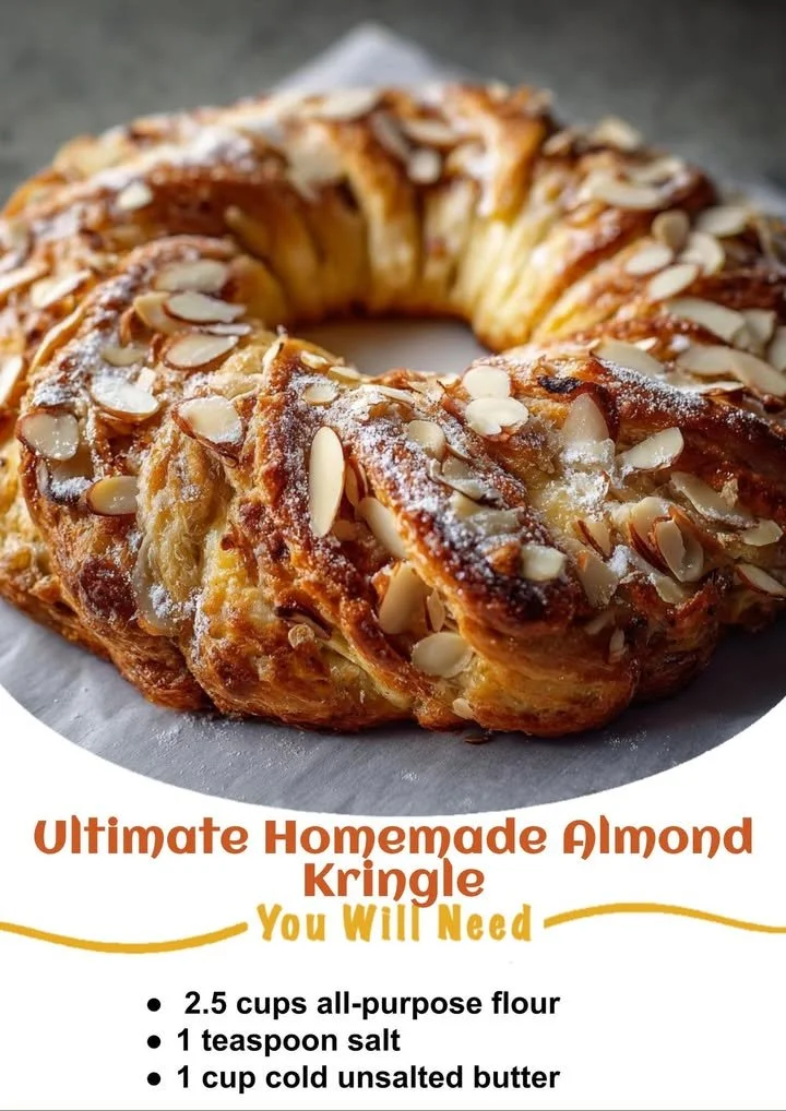 Delicious homemade almond kringle with a flaky pastry and almond filling.