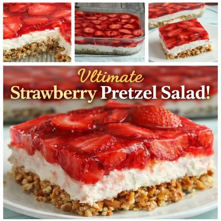 Delicious strawberry pretzel salad in a glass dish with whipped cream and strawberries