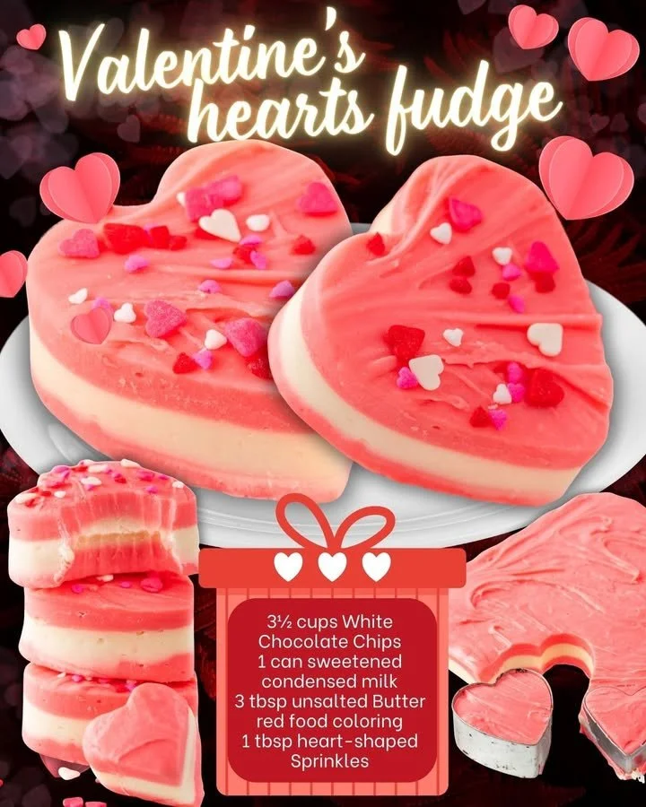 Delicious Valentine Hearts Fudge dessert decorated with pink and red heart shapes.