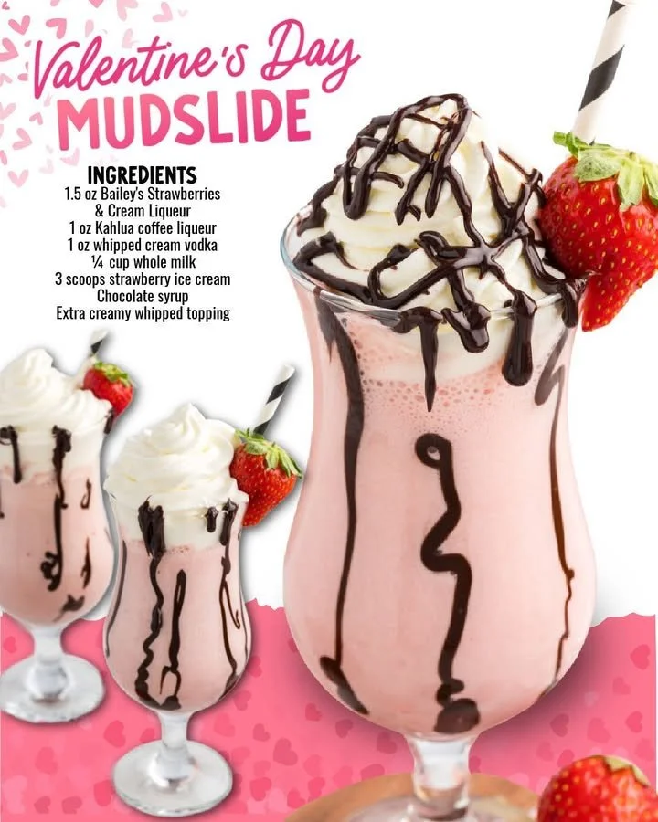 Valentine's Day Mudslide cocktail in a glass with heart-shaped decorations.