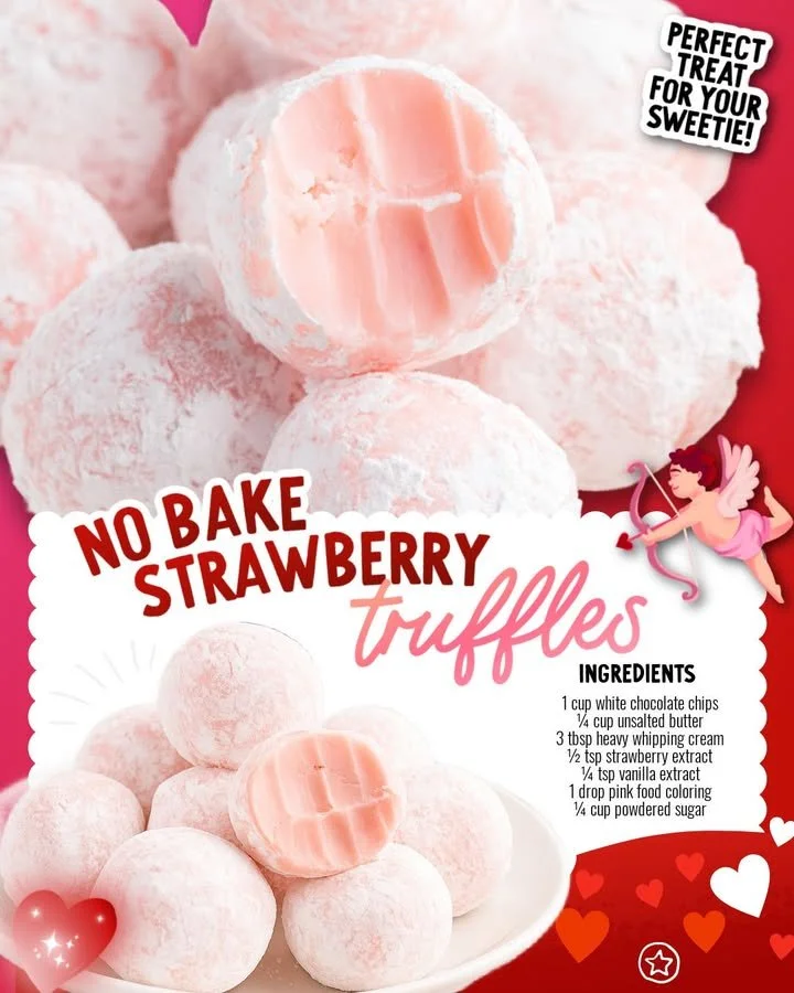 Delicious Valentine's strawberry truffles garnished with fresh strawberries.
