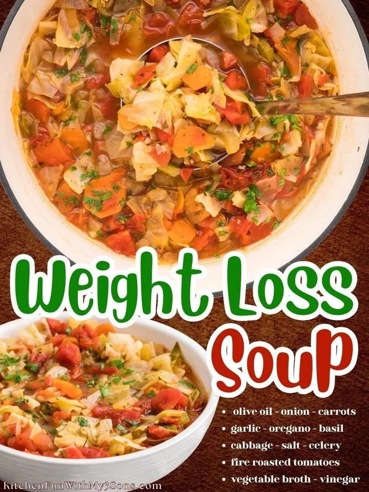 Bowl of weight loss cabbage soup with fresh vegetables and herbs