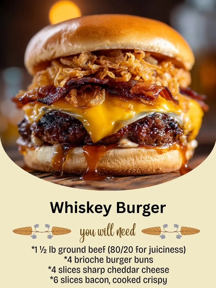 Delicious whiskey burger topped with creamy sauce and fresh ingredients