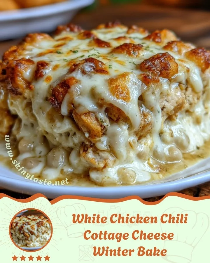 White Chicken Chili Cottage Cheese Bake served in a bowl