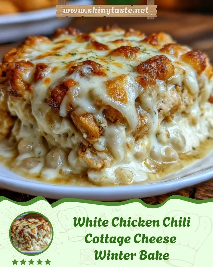 White chicken chili cottage cheese winter bake in a ceramic dish topped with herbs.