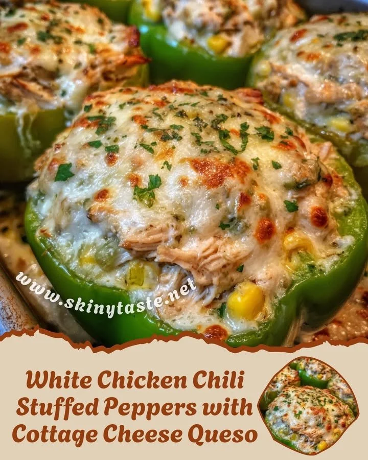 White Chicken Chili Stuffed Peppers with Cottage Cheese Queso on a plate