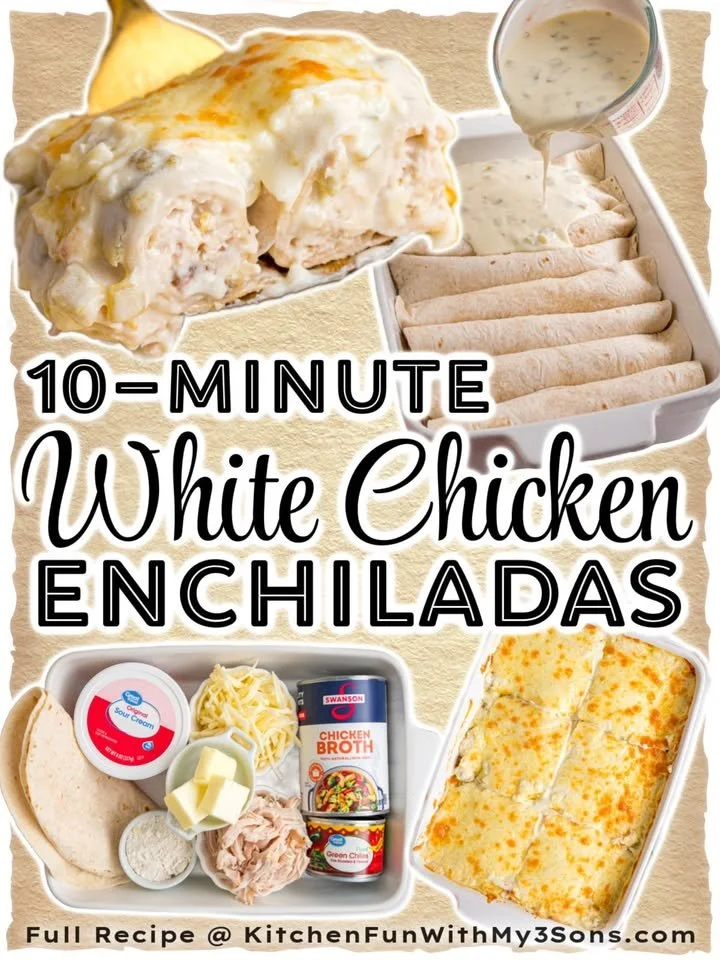 Creamy white chicken enchiladas topped with cheese and salsa