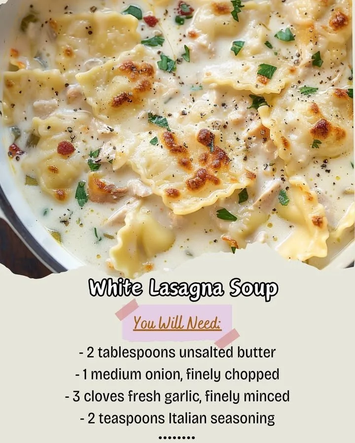 Bowl of creamy White Lasagna Soup topped with fresh herbs and cheese