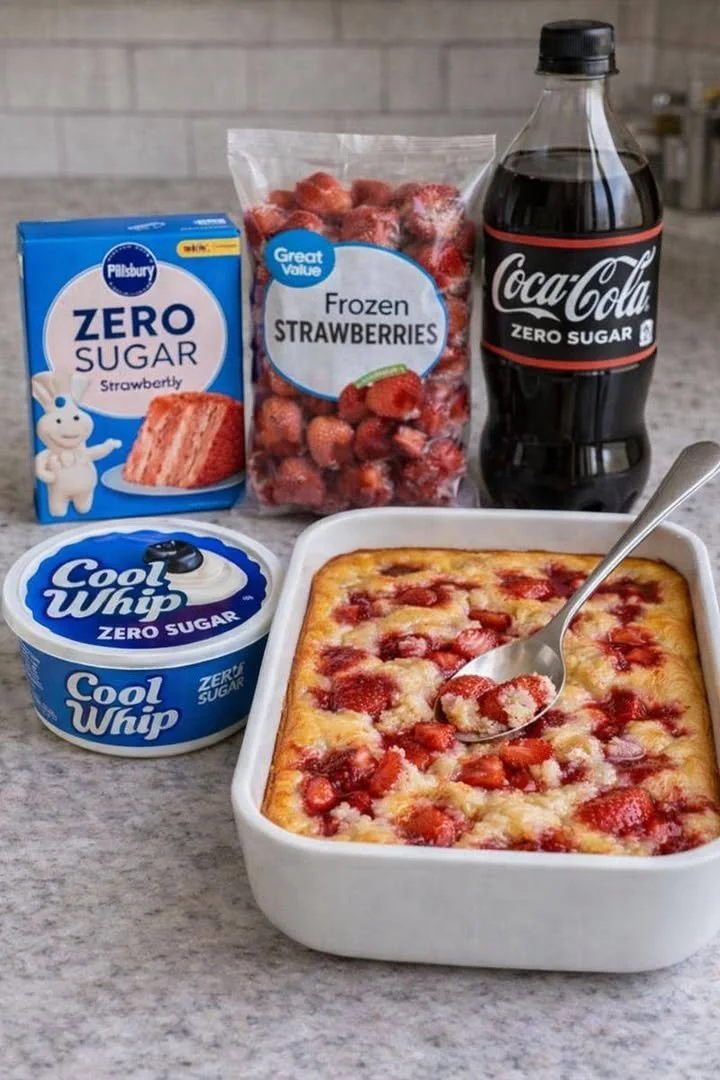 Zero Sugar Strawberry Dump Cake with fresh strawberries and cake mix