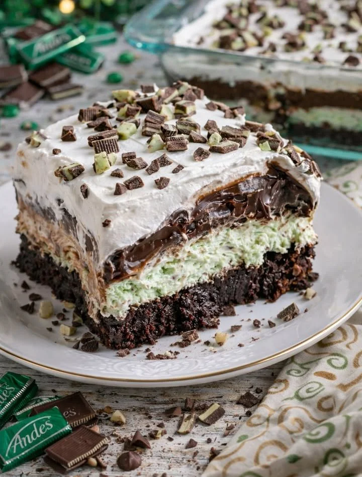 Delicious Andes Mint Lasagna dessert with layers of chocolate and mint