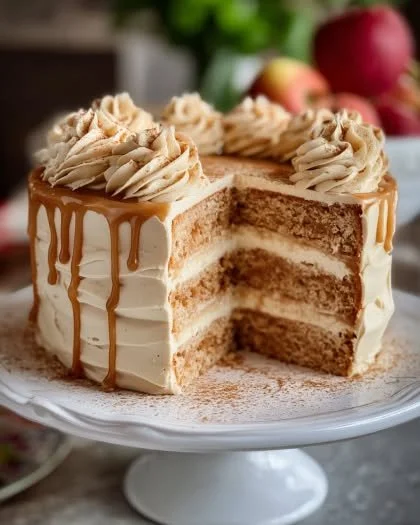 Slice of apple cider cake with brown sugar buttercream frosting on a plate