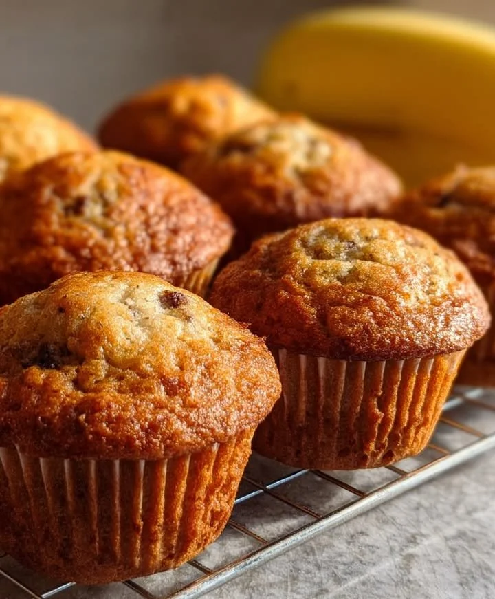 Homemade banana muffins on a cooling rack