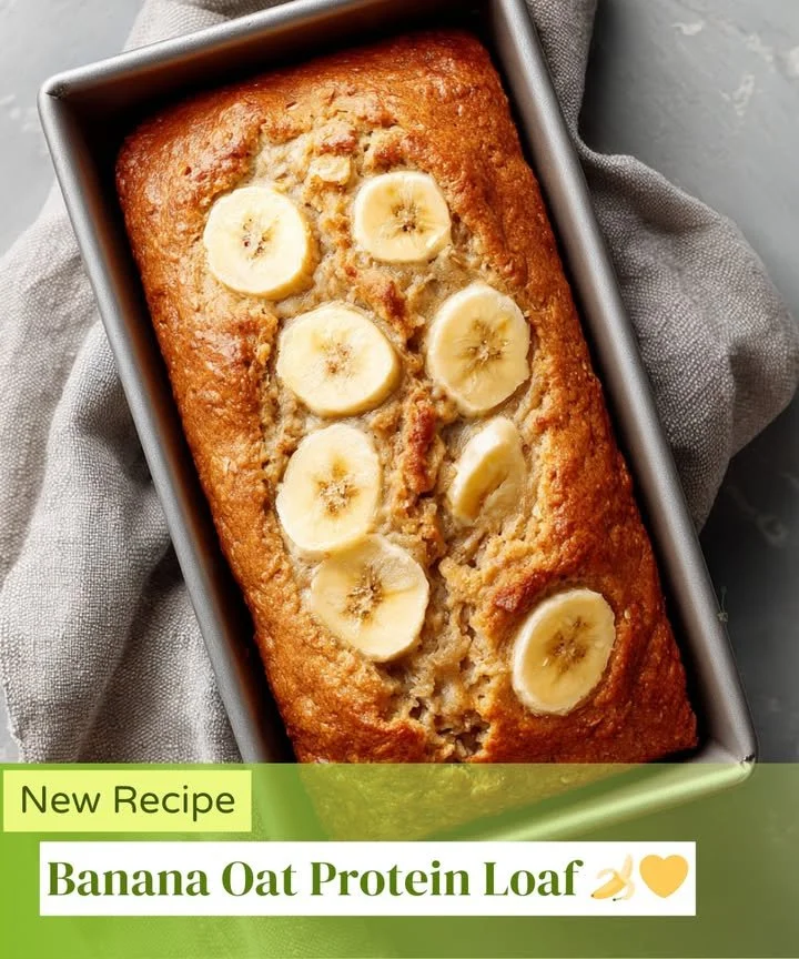 Delicious Banana Oat Protein Loaf sliced on a wooden board