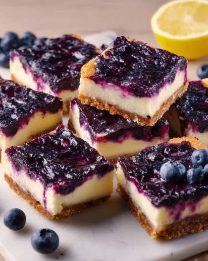 Delicious blueberry cheesecake bars topped with fresh blueberries and whipped cream.