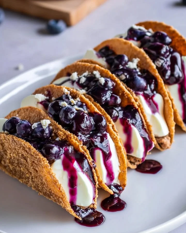 Delicious blueberry cheesecake tacos ready to serve for dessert.