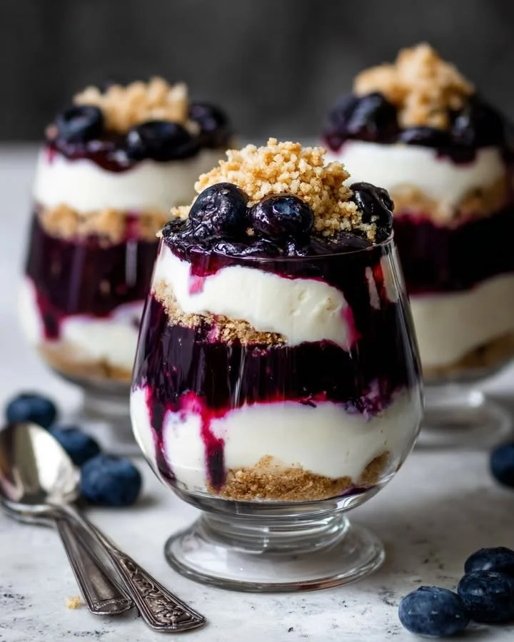 Delicious blueberry cheesecake trifle cups layered with blueberries and cream cheese