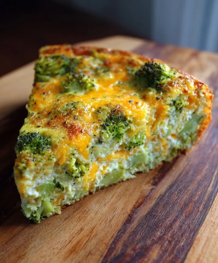 Delicious broccoli cheddar crustless quiche served on a plate