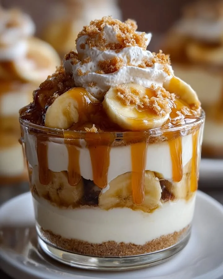 Delicious caramel banana pudding cups topped with whipped cream and banana slices.
