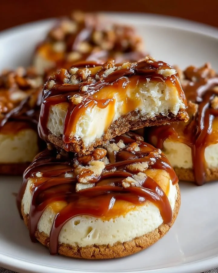 Delicious caramel cheesecake cookies on a white plate