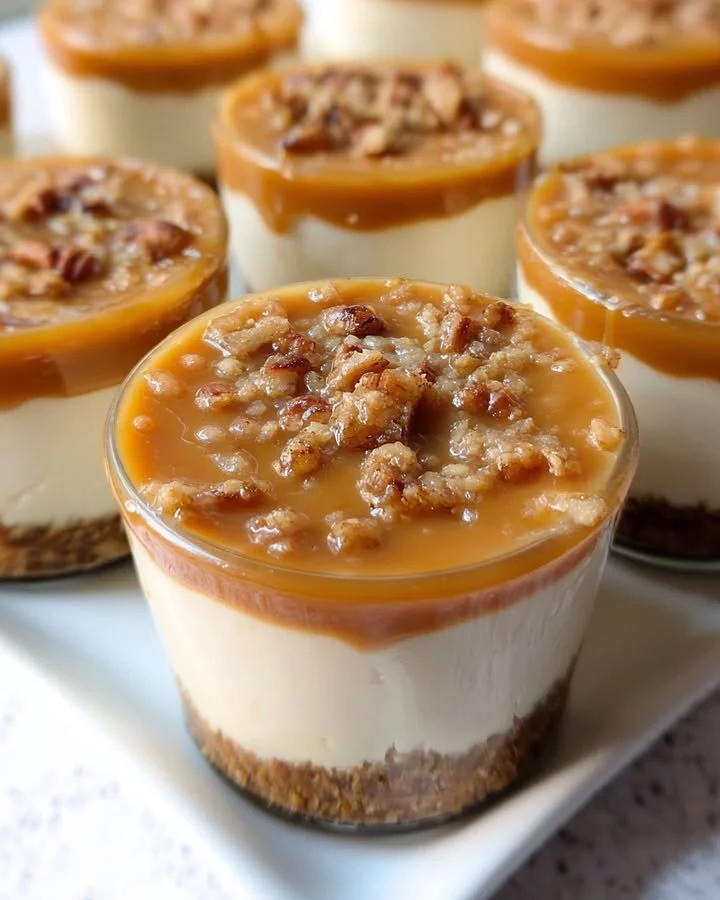Delicious caramel drizzle cheesecake cups on a dessert table