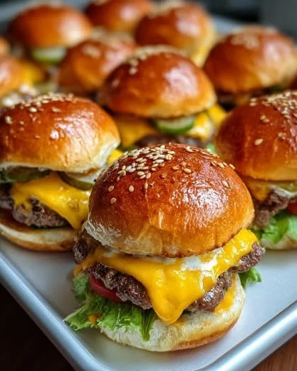 Plate of tasty cheeseburger sliders with toppings and condiments
