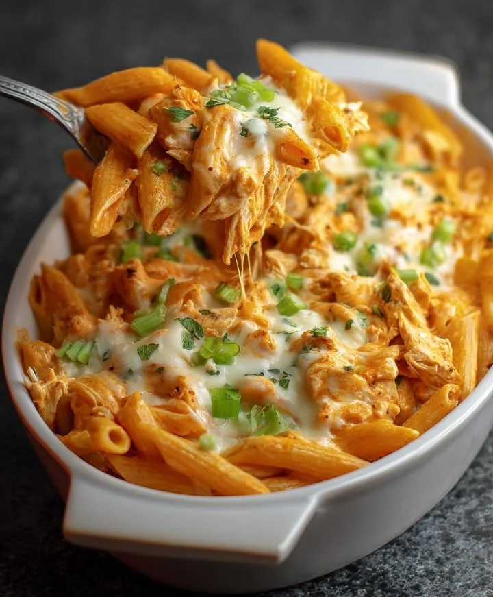 Baked cheesy buffalo chicken pasta with creamy sauce in a casserole dish