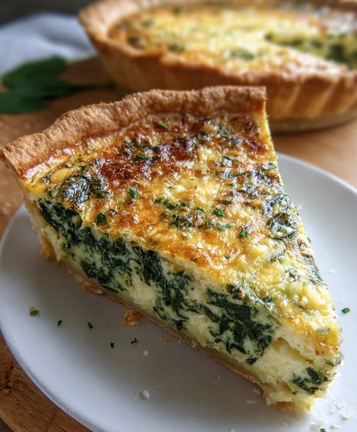 Delicious cheesy spinach quiche slice on a plate