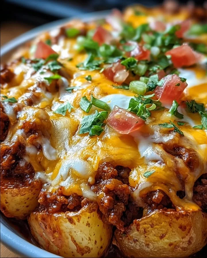 Delicious cheesy taco potatoes topped with cheese and spices