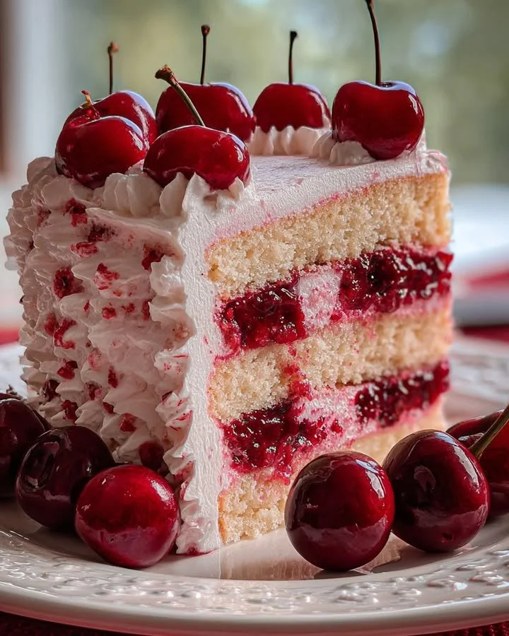 Slice of cherry cake with cherry cream cheese frosting on a plate