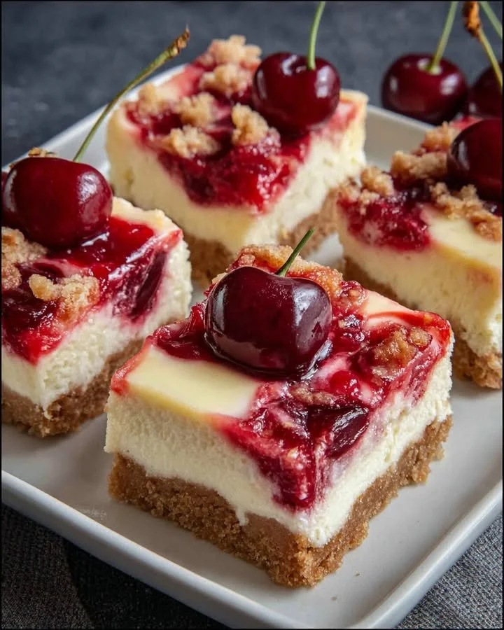Delicious Cherry Cheesecake Bars topped with fresh cherries and creamy filling