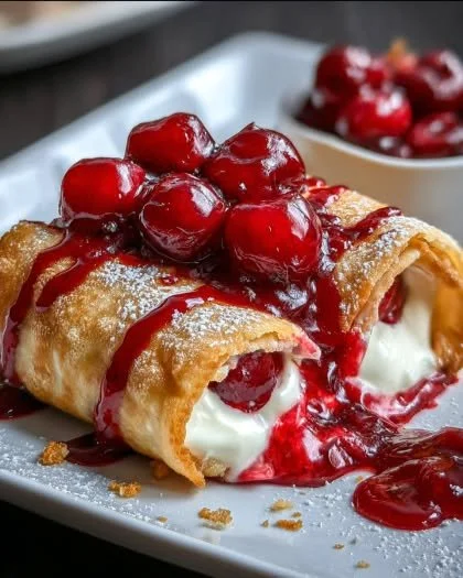Delicious Cherry Cheesecake Chimichangas on a plate, drizzled with cherry sauce.