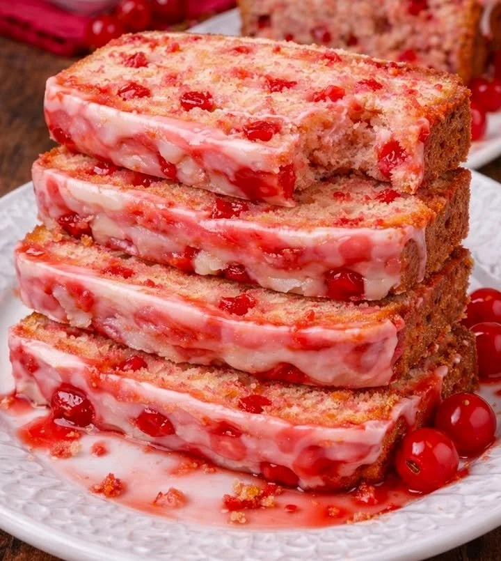 Cherry Garcia Loaf Cake with cherries and chocolate topping