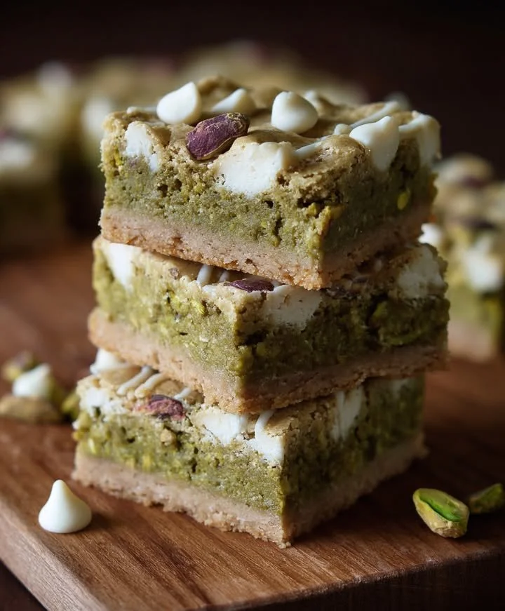 Chewy pistachio and white chocolate cookie bars on a plate