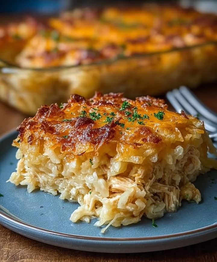 Delicious Chicken Hashbrown Casserole topped with cheese and herbs