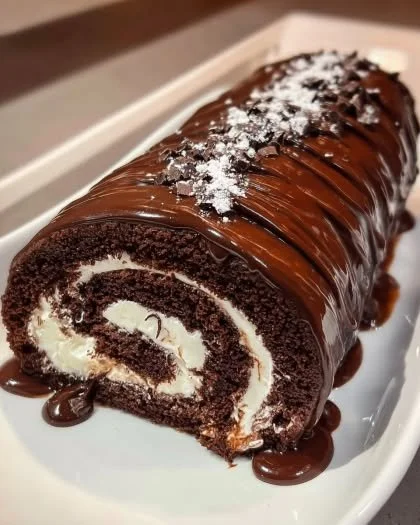 Delicious homemade Chocolate Cake Roll filled with creamy frosting.