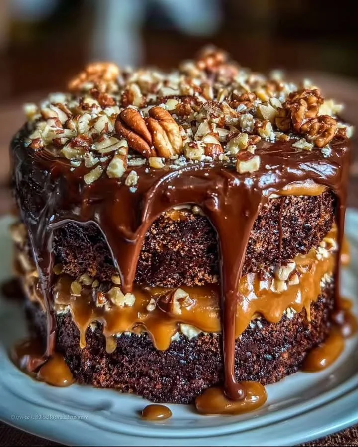 Delicious Chocolate Caramel Nut Cake topped with caramel and nuts