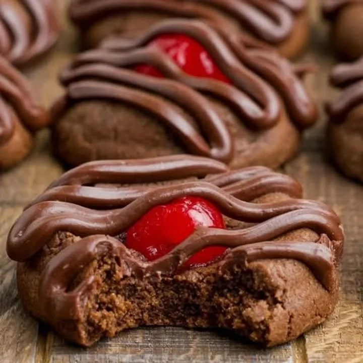 Freshly baked Chocolate Cherry Cookies with chocolate chips and cherries.