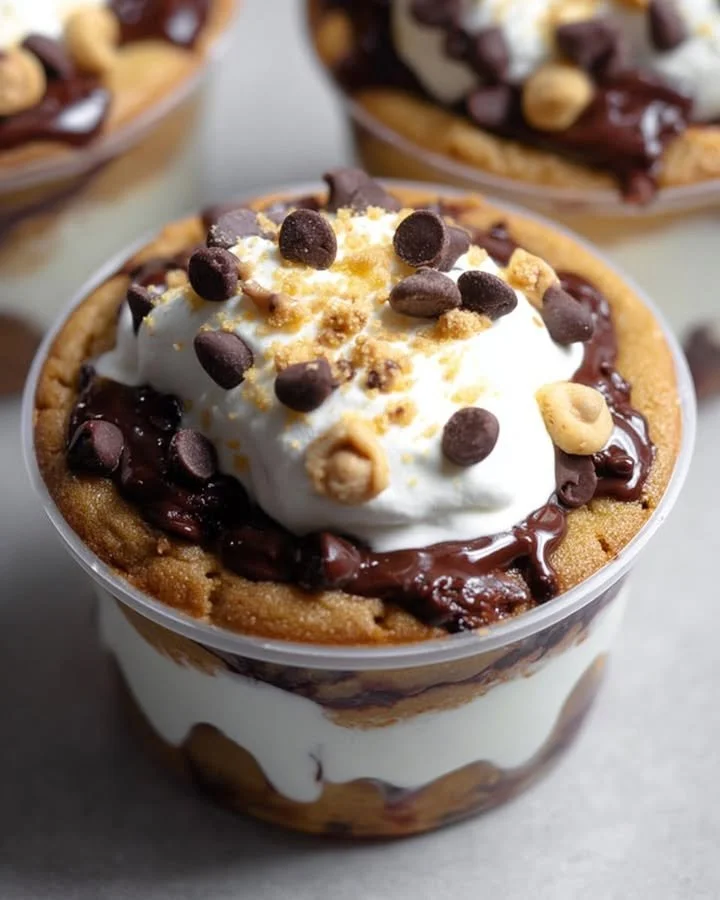 Chocolate Chip Blondie Pudding Cups served in clear dessert cups
